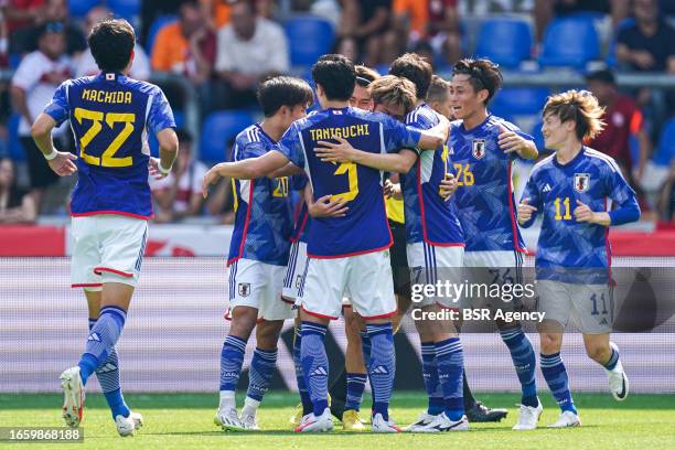 Atsuki Ito of Japan celebrates after scoring his teams first goal Takefusa Kubo of Japan, Shogo Taniguchi of Japan, Keito Nakamura of Japan, Ao...