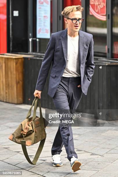 Tom Fletcher is seen leaving Global Studios, Heart Breakfast Show on September 12, 2023 in London, United Kingdom.