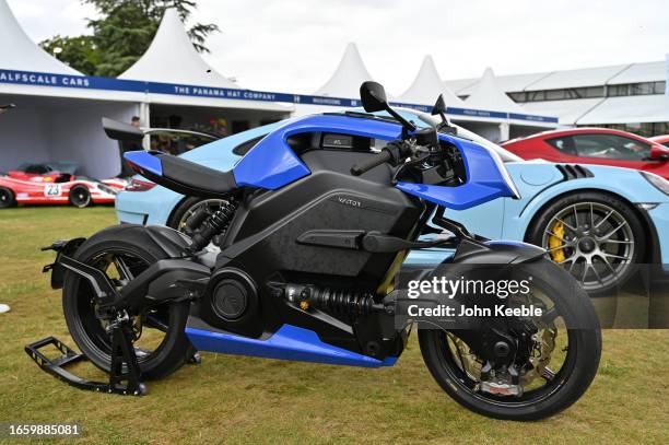 Arc Vector fully electric motorcycle is displayed during the Salon Privé 2023 at Blenheim Palace on September 01, 2023 in Woodstock, England. The...