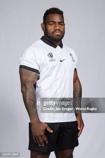 Josua Tuisova of Fiji poses for a portrait during the Fiji Rugby World Cup 2023 Squad photocall on September 02, 2023 in Bordeaux, France.