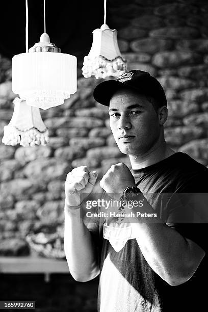 New Zealand boxer Joseph Parker poses for a photo following a press conference with Francois Botha of South Africa at the Northern Steamship Bar on...