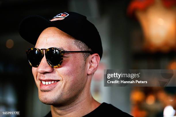 New Zealand boxer Joseph Parker poses for a photo following a press conference with Francois Botha of South Africa at the Northern Steamship Bar on...