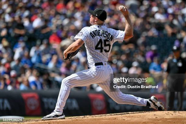 Chase Anderson of the Colorado Rockies pitches against the Toronto Blue Jays in the second inning at Coors Field on September 3, 2023 in Denver,...