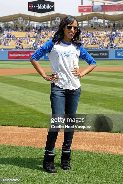 Kerry Washington, from the television show "Scandal", announces the starting lineup at a baseball game between the Pittsburgh Pirates and the Los...