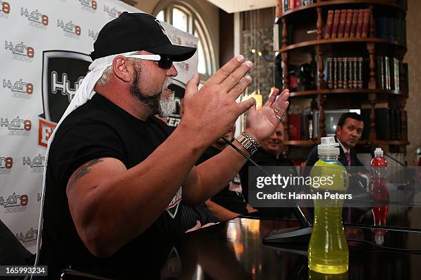 Francois Botha of South Africa talks during a press conference with New Zealand boxer Joseph Parker at the Northern Steamship Bar on April 8, 2013 in...