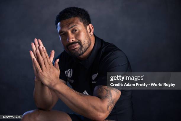 Ardie Savea of New Zealand poses for a portrait during the New Zealand Rugby World Cup 2023 Squad photocall on September 02, 2023 in Lyon, France.