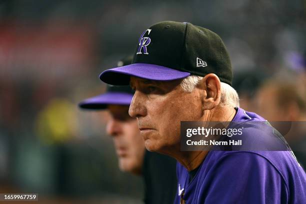 Manager Bud Black of the Colorado Rockies looks on from the dugout during the second inning against the Arizona Diamondbacks at Chase Field on...