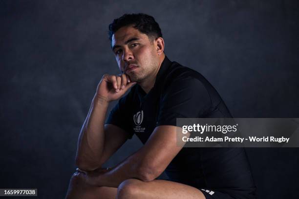 Anton Lienert-Brown of New Zealand poses for a portrait during the New Zealand Rugby World Cup 2023 Squad photocall on September 02, 2023 in Lyon,...