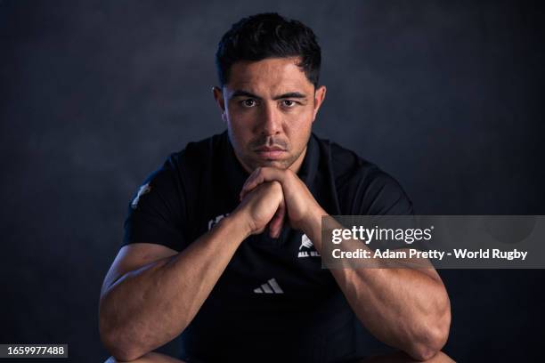 Anton Lienert-Brown of New Zealand poses for a portrait during the New Zealand Rugby World Cup 2023 Squad photocall on September 02, 2023 in Lyon,...