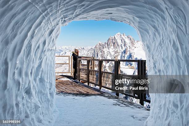 snow tunnel at aiguille du midi  french alps - aiguille de midi fotografías e imágenes de stock