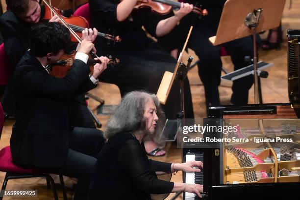 Pianist Martha Argerich performs with the Peace Orchestra Project during Bologna Festival at Manzoni Theater on September 04, 2023 in Bologna, Italy.