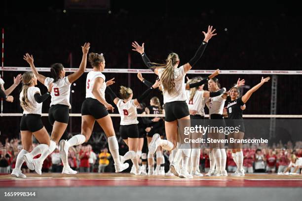 The Nebraska Cornhuskers celebrate the win against the Omaha Mavericks at Memorial Stadium on August 30, 2023 in Lincoln, Nebraska.