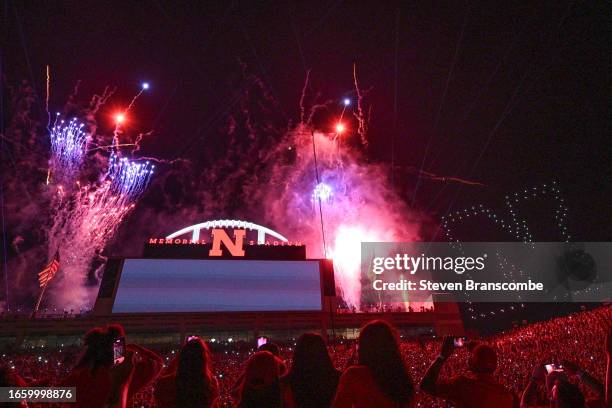 Fireworks and drone performance followed the match between the Nebraska Cornhuskers and the Omaha Mavericks at Memorial Stadium on August 30, 2023 in...