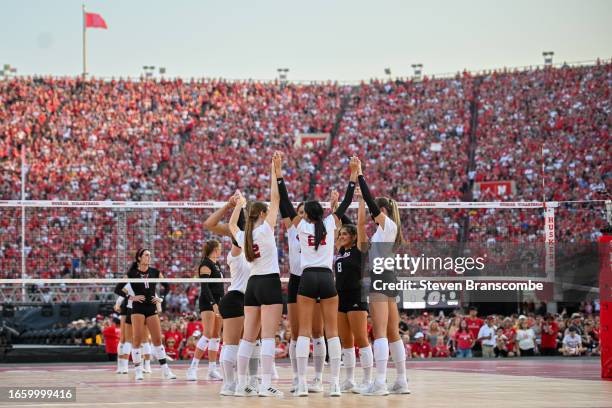 The Nebraska Cornhuskers prepare to start the match against the Omaha Mavericks at Memorial Stadium on August 30, 2023 in Lincoln, Nebraska.