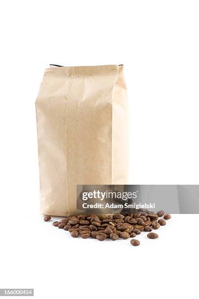 bag with coffee beans isolated on white - coffee bag stock pictures, royalty-free photos & images