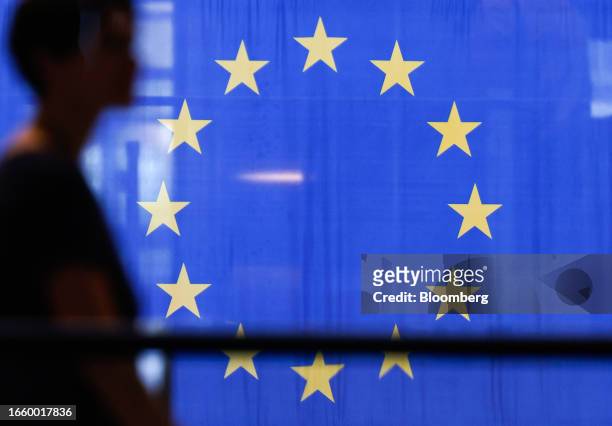 The European Union flag at the European Parliament's Louise Weiss building in Strasbourg, France, on Tuesday, Sept. 12, 2023. European Commission...