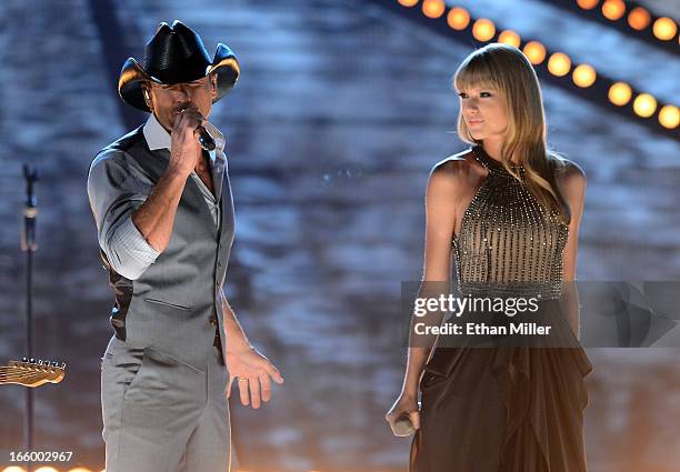 Singers Tim McGraw and Taylor Swift perform onstage during the 48th Annual Academy of Country Music Awards at the MGM Grand Garden Arena on April 7,...