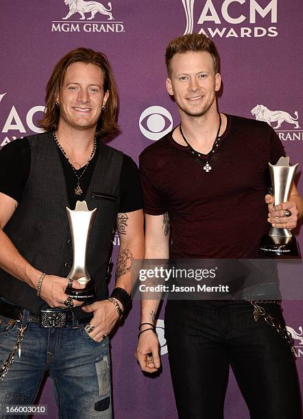 Musicians Tyler Hubbard and Brian Kelley of Florida Georgia Line, winners of New Artist of the Year Presented by Kohl's Department Stores, pose in...