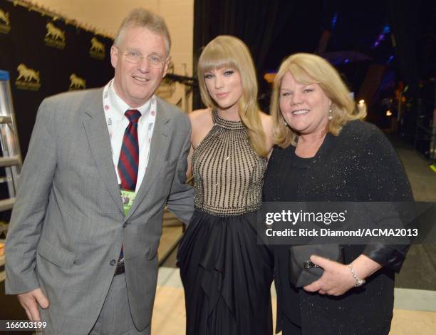 Scott Swift, singer Taylor Swift and Andrea Swift attend the 48th Annual Academy of Country Music Awards at the MGM Grand Garden Arena on April 7,...