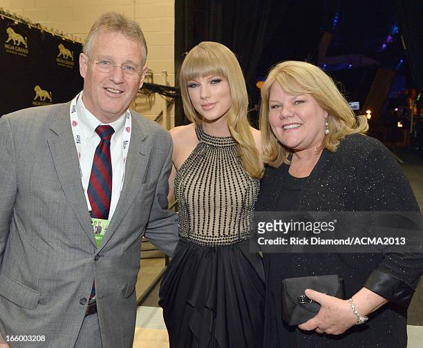 Scott Swift, singer Taylor Swift and Andrea Swift attend the 48th Annual Academy of Country Music Awards at the MGM Grand Garden Arena on April 7,...
