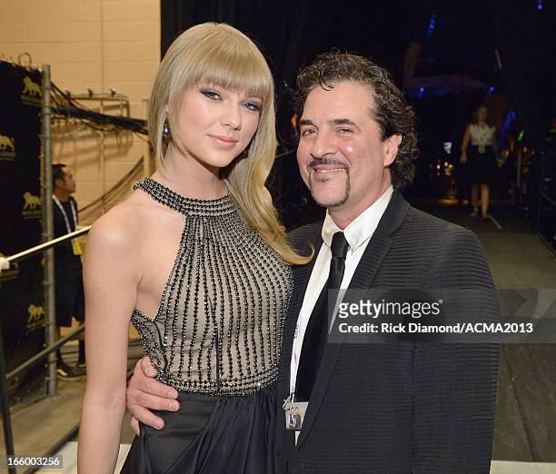 Singer Taylor Swift and founder, Big Machine Records Scott Borchetta attend the 48th Annual Academy of Country Music Awards at the MGM Grand Garden...