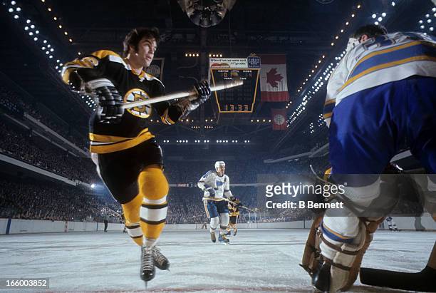 Derek Sanderson of the Boston Bruins skates on the ice during an NHL game against the St. Louis Blues circa 1967 at the Boston Garden in Boston,...
