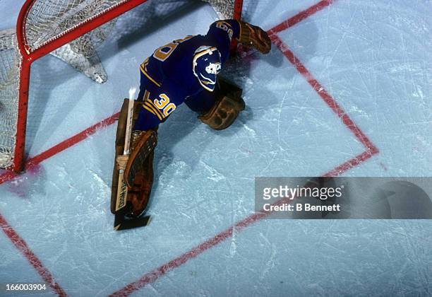 Goalie Gerry Desjardins of the Buffalo Sabres defends the net during an NHL game against the Detroit Red Wings on February 19, 1977 at the Detroit...