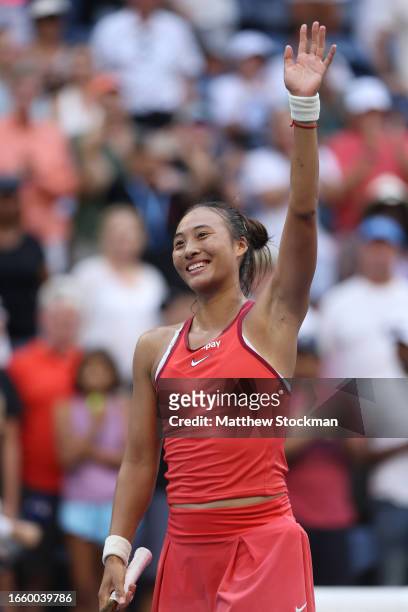 Qinwen Zheng of China reacts to defeating Ons Jabeur of Tunisia during their Women's Singles Fourth Round match on Day Eight of the 2023 US Open at...
