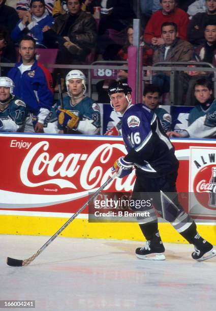 Brett Hull of the Western Conference and the St. Louis Blues skates on the ice during the 1994 45th NHL All-Star Game against the Eastern Conference...
