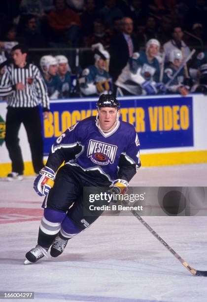 Brett Hull of the Western Conference and the St. Louis Blues skates on the ice during the 1994 45th NHL All-Star Game against the Eastern Conference...