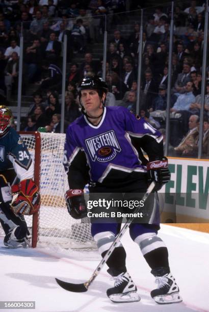 Brett Hull of the Western Conference and St. Louis Blues skates on the ice during the 1997 47th NHL All-Star Game against the Eastern Conference on...