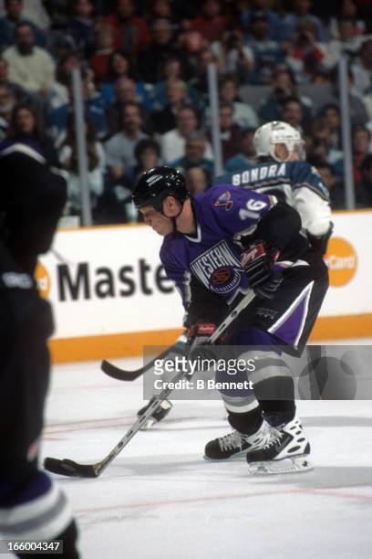 Brett Hull of the Western Conference and St. Louis Blues skates with the puck during the 1997 47th NHL All-Star Game against the Eastern Conference...