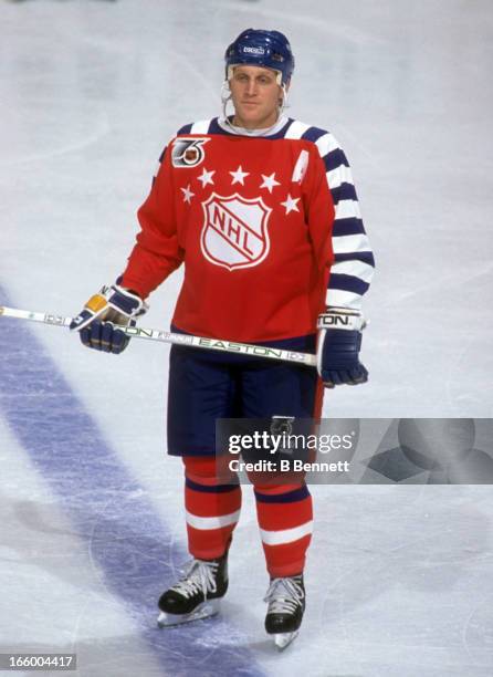 Brett Hull of the Campbell Conference and the St. Louis Blues stands on the ice during the 1992 43rd NHL All-Star Game against the Wales Conference...