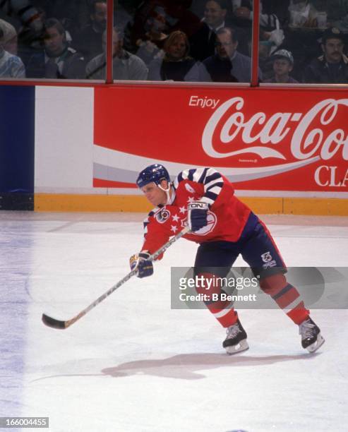 Brett Hull of the Campbell Conference and the St. Louis Blues skates on the ice during the 1992 43rd NHL All-Star Game against the Wales Conference...