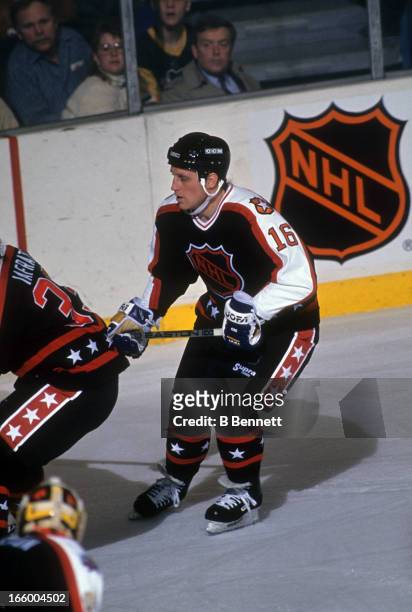 Brett Hull of the Campbell Conference and St. Louis Blues skates on the ice during the 1990 41st NHL All-Star Game against the Wales Conference on...