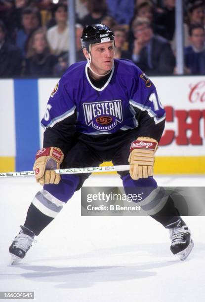 Brett Hull of the Western Conference and the St. Louis Blues skates on the ice during the 1996 46th NHL All-Star Game against the Eastern Conference...