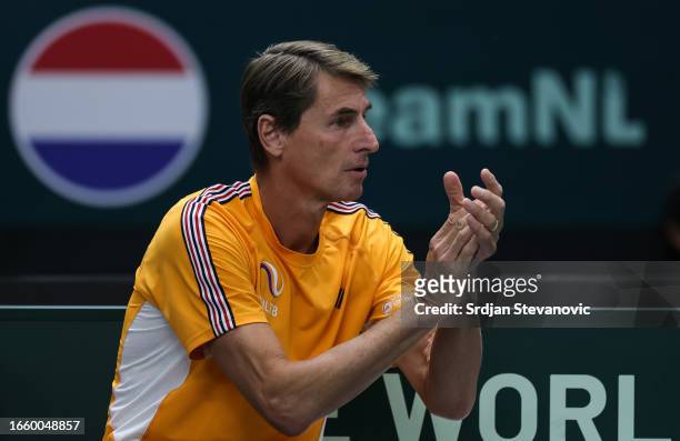 Captain Paul Haarhuis of Netherlands reacts during the 2023 Davis Cup Finals Group D Stage match between Finland and Netherlands at Arena Gripe...