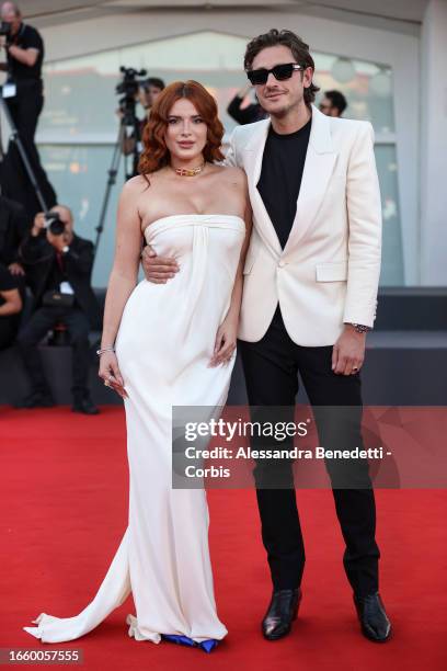 Bella Thorne and Mark Emms attend a red carpet for the movie "Priscilla" at the 80th Venice International Film Festival on September 04, 2023 in...