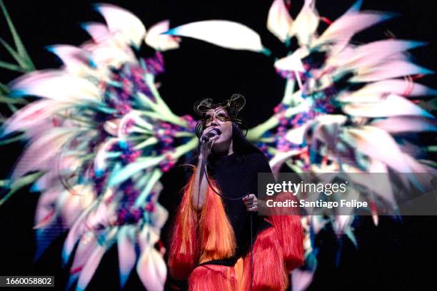 Bjork performs on stage during a concert of her tour "Cornucopia" at WiZink Center on September 04, 2023 in Madrid, Spain.