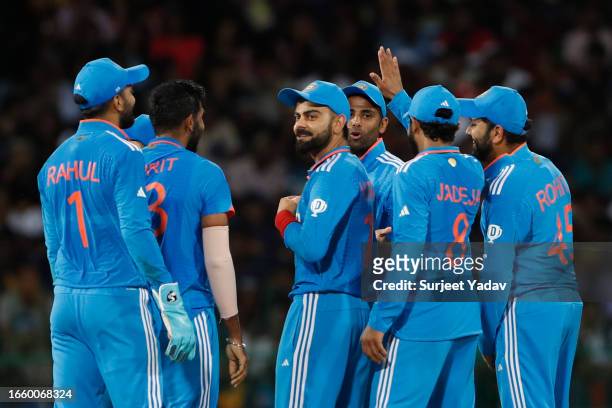 Indian players celebrates after taking the wicket of Kusal Mendis of Sri Lanka during the Asia Cup Super Four match between Sri Lanka and India at R....