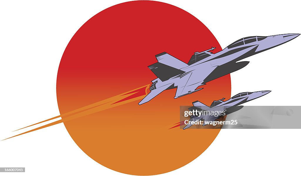 F-18 super hornet flying over the sun