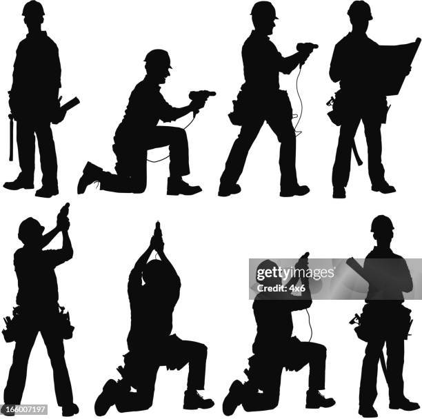 multiple images of manual worker with drill machine and blueprint - man reading silhouette stock illustrations