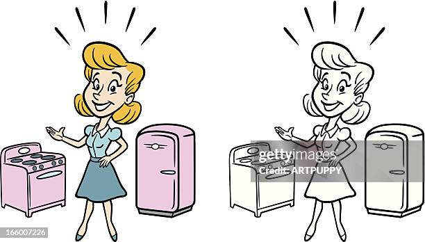 classic housewife with stove and fridge - 1950s woman stock illustrations