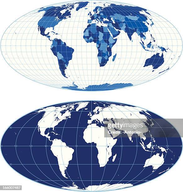 illustrations, cliparts, dessins animés et icônes de carte du monde avec graticules (mollweide de projection) - globe terrestre