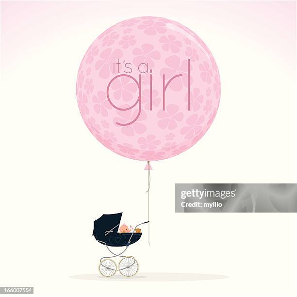 bildbanksillustrationer, clip art samt tecknat material och ikoner med newborn pram stroller itisagirl babyshower cute pink illustration vector - its a girl kort fras