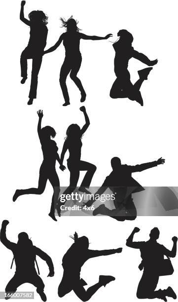multiple image of men and women jumping - backpacking stock illustrations