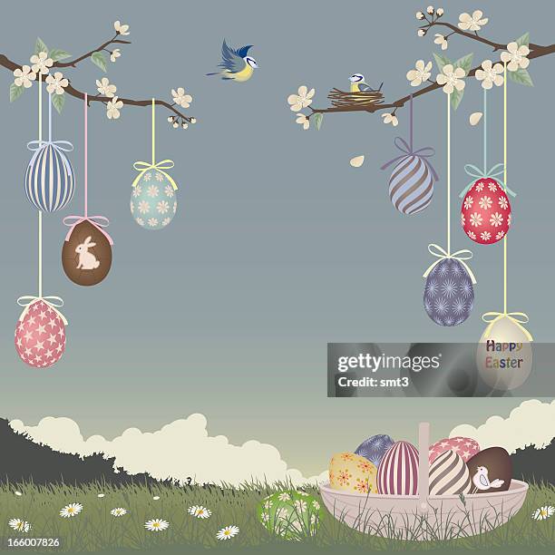 cartoon easter egg ornaments hanging off blossoming trees - flying egg stock illustrations