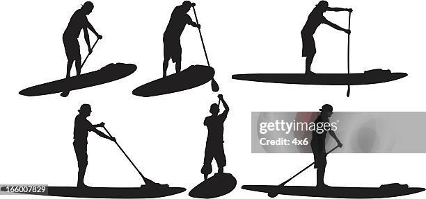 multiple image of stand up paddle surfer - paddleboarding stock illustrations