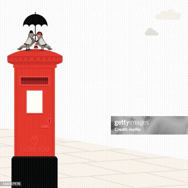 pigeon postbox love umbrella dove rain london illustration vector - red post box stock illustrations