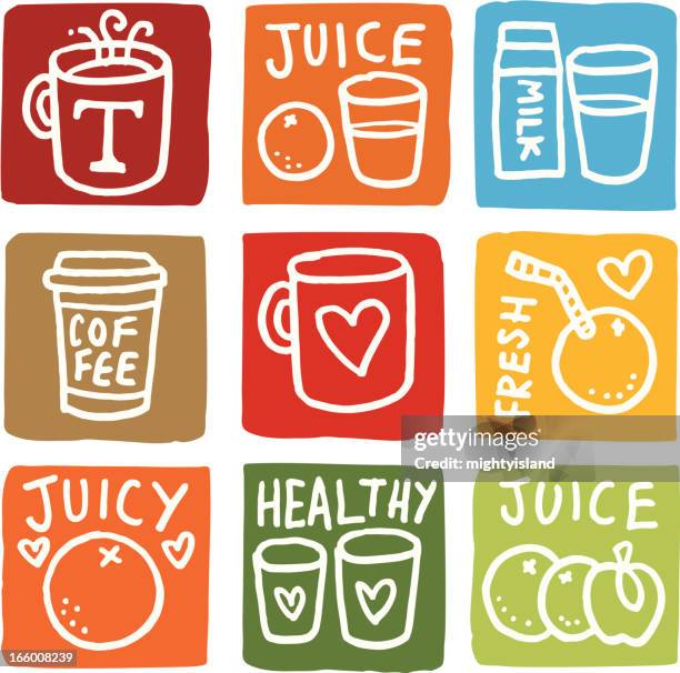 breakfast icons block icon set - fruit juice bottle stock illustrations